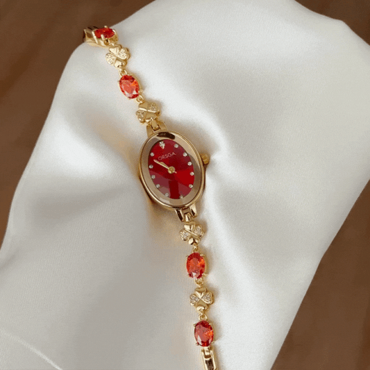 Luxury Red Oval Diamond Dial Gold Bezel & Gem-Set Alloy Bracelet Quartz Watch