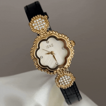 Feminine Elegance Golden Petal Dial Watch - Black Leather Strap Quartz Timepiece