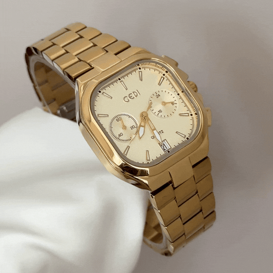 Luxe Essential: Gold Rectangular Dial Watch with Gold Stainless Steel Bracelet