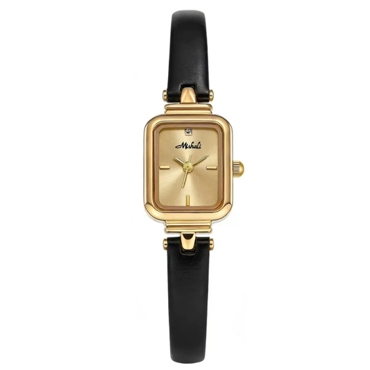 Timeless Elegance: Gold Rectangular Dial Watch with Black Genuine Leather Strap