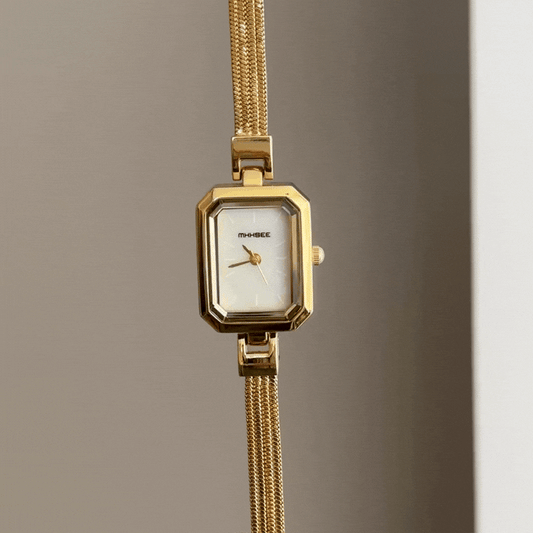 Luxe Versatility: White Rectangular Dial Watch with Gold Chain-Link Bracelet