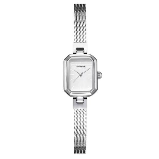 Modern Minimalist : A Study in Minimalist Form – White Rectangular Dial & Silver Chain-Link Bracelet