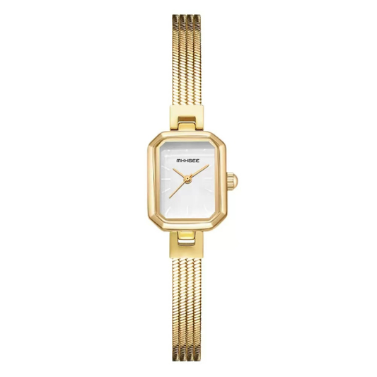 Luxe Versatility: White Rectangular Dial Watch with Gold Chain-Link Bracelet