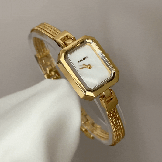 Luxe Versatility: White Rectangular Dial Watch with Gold Chain-Link Bracelet