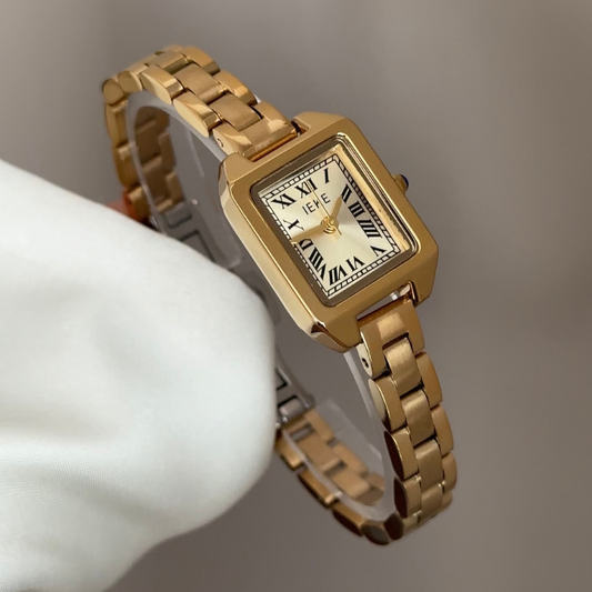 Geometric Chic: Gold Rectangular Dial Watch with Gold Stainless Steel Bracelet