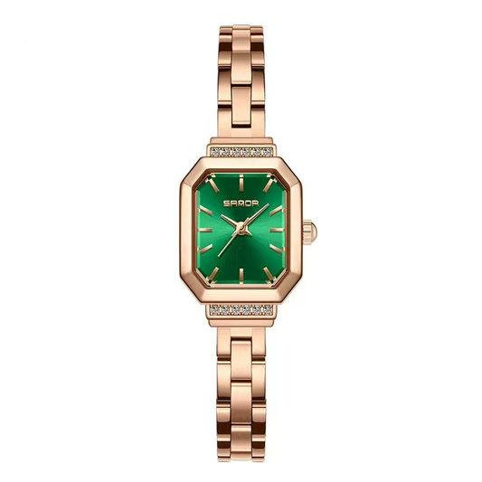 Luxe Glamour: Green Rectangular Dial Watch with Rose Gold Diamond Bezel & Bracelet
