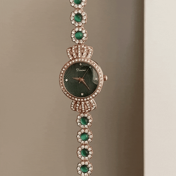 Crown Glamour: Green Round Dial Watch with Rose Gold Crown Diamond Bezel & Gemstone Bracelet