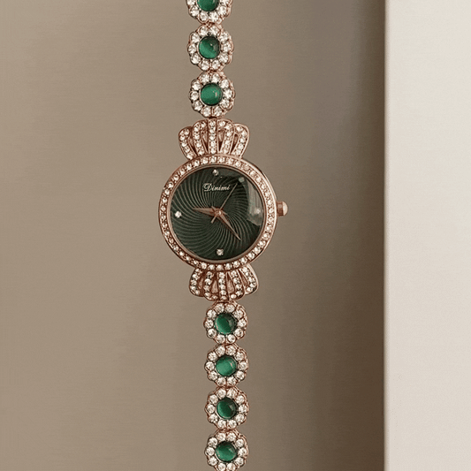 Crown Glamour: Green Round Dial Watch with Rose Gold Crown Diamond Bezel & Gemstone Bracelet
