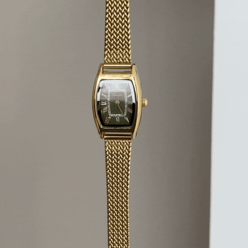 Vintage Natural: Green Tonneau Dial Watch with Gold Wheat Pattern Stainless Steel Bracelet