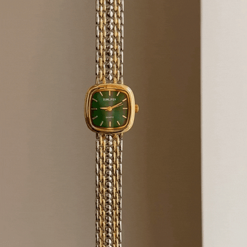 Elegant Rectangle Green Dial Gold Case with Gold-Silver Alloy Band | Quartz Movement