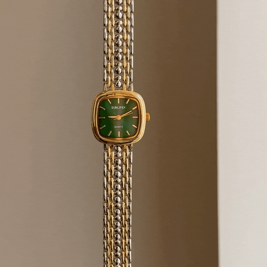 Elegant Rectangle Green Dial Gold Case with Gold-Silver Alloy Band | Quartz Movement