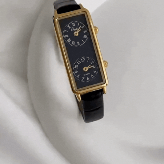 Black Women's Dual Dial Watch | Rectangle Black Face | Leather Strap | Elegant Minimal – Noir