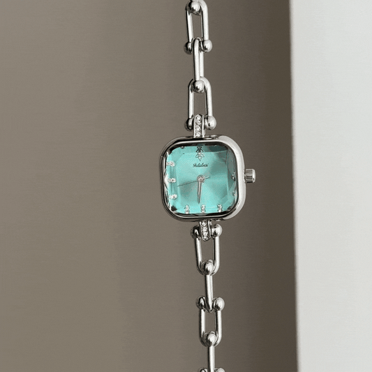Urban Sophistication: Emerald Green Square Dial Watch with Silver Square Bezel & Bracelet