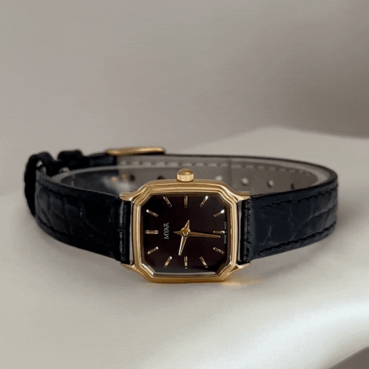 Urban Commute Black Square Dial Watch – Gold Case & Black Genuine Leather Quartz
