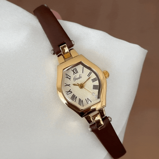 Executive Style Tonneau Watch - Gold Dial with Leather Band
