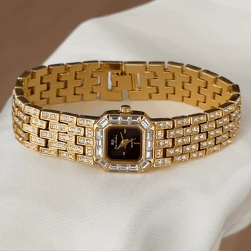Classic Modern Black Rectangular Dial Gold Diamond Watch