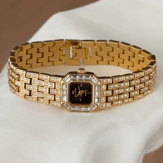 Classic Modern Black Rectangular Dial Gold Diamond Watch