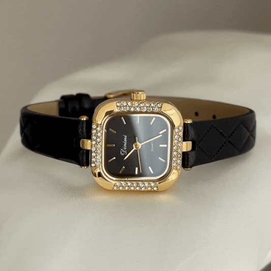Executive Black Square Diamond Watch with Leather Strap - Quartz