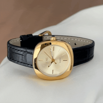 Gold Round Dial Black Genuine Leather Strap Quartz Watch for Daily Commute