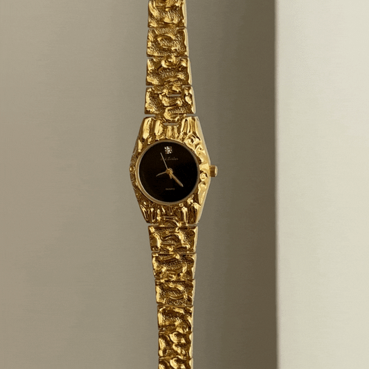 Modern Black & Gold Round Dial Watch with Alloy Bracelet - Quartz