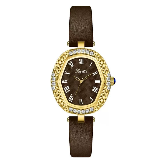 Modern Luxury Diamond Dial Watch - Gold Crystal & Genuine Leather  Quartz