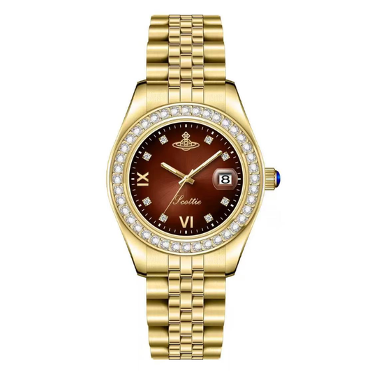 Vintage Light Luxury Brown Round Dial Diamond Watch – Stainless Steel Quartz Bracelet