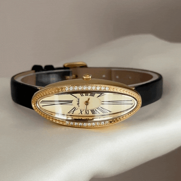 Geometric Fashion Gold Long Oval Dial Diamond Watch – Black Genuine Leather Quartz