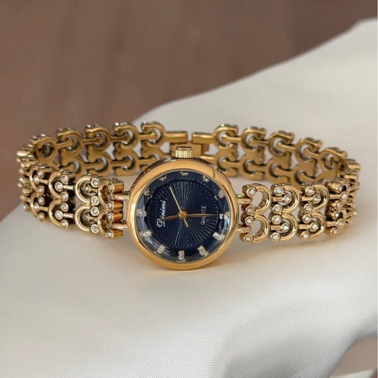 Chic Blue Dial Watch - Gold Round Case with Diamonds, Matching Bracelet
