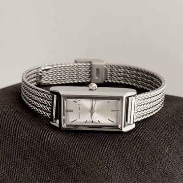 Modern Edge: Silver Elongated Rectangular Dial Watch with Stainless Steel Bracelet