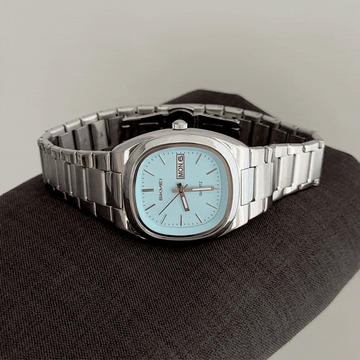 Modern Minimalist: Sapphire Blue Rectangular Dial Watch with Silver Stainless Steel Bracelet