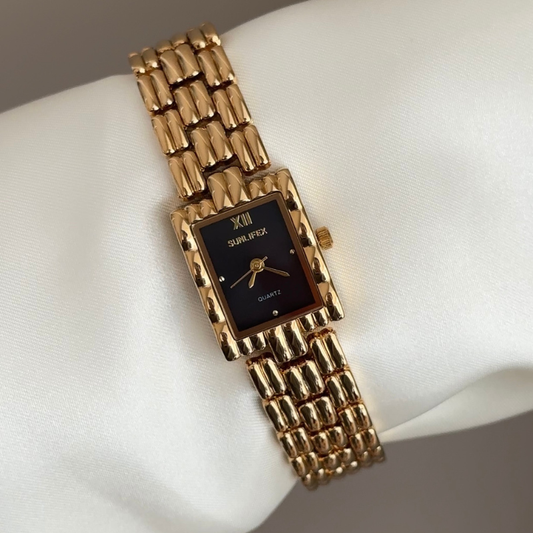 Gilded Sophistication: Black Rectangular Dial Watch with Gold Bezel & Stainless Steel Bracelet