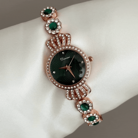 Crown Glamour: Green Round Dial Watch with Rose Gold Crown Diamond Bezel & Gemstone Bracelet