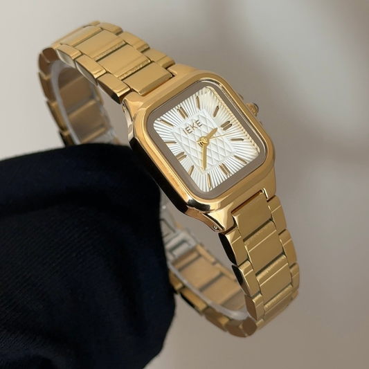 Sophisticated Minimalist: Square Gold Watch with Pristine White Dial & Polished Stainless Steel Bracelet