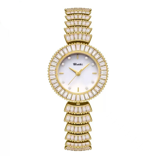Feminine Glamour: White Round Dial with Fully Diamond-Set Gold Bracelet