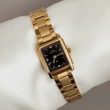 Modern Statement: Black Rectangular Dial Watch with Gold Stainless Steel Bracelet