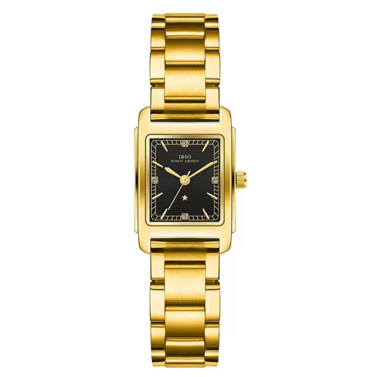 Modern Statement: Black Rectangular Dial Watch with Gold Stainless Steel Bracelet