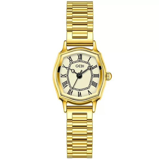 Luxe Glam: Gold Tonneau Dial Watch with Gold Stainless Steel Bracelet