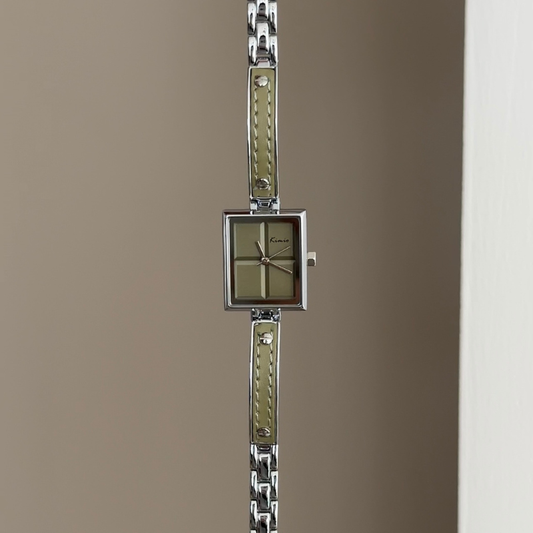 Green Minimal: Green Rectangular Dial Watch with Silver Bezel & Silver Stainless Steel Bracelet