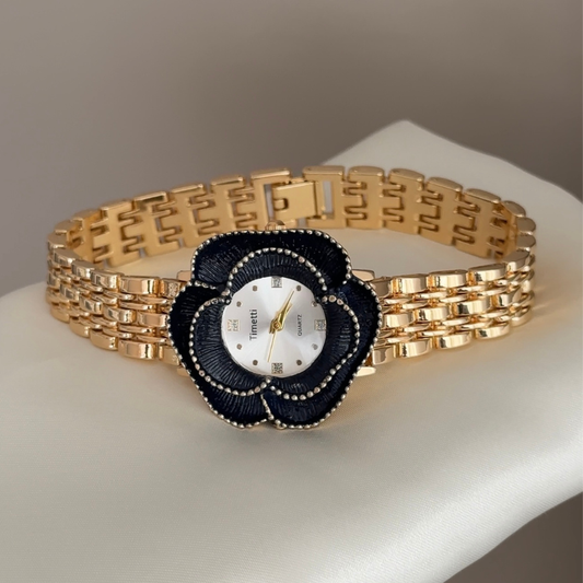 Modern Feminine: White Round Dial with Navy Floral Bezel & Gold Bracelet