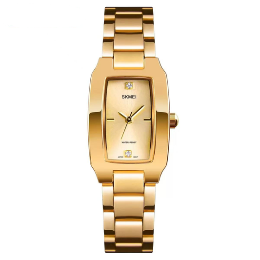 Refined Luxe: Gold Elongated Rectangular Dial Watch with Gold Stainless Steel Bracelet