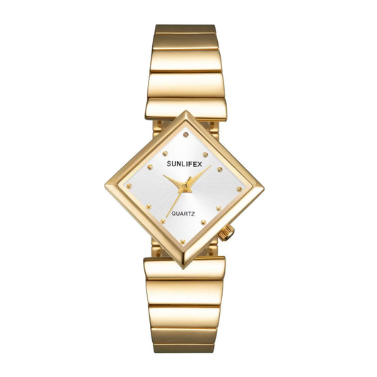 Classic Fashion Rhombus White Dial Gold-Tone Case Alloy Bracelet Quartz Watch