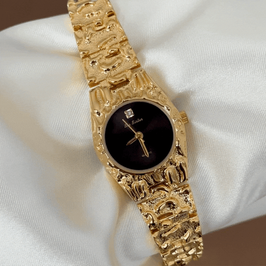 Modern Black & Gold Round Dial Watch with Alloy Bracelet - Quartz