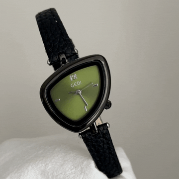 Modern Teardrop Green Dial Black Case Microfiber Leather Strap Geometric Watch