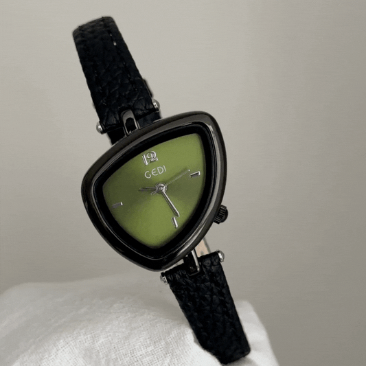Modern Teardrop Green Dial Black Case Microfiber Leather Strap Geometric Watch