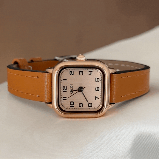Elegant Rose Gold Rectangular Watch - Brown Vegan Leather Strap