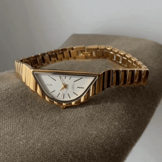 Luna Arc – Women’s White Dial Watch with Sculpted Gold Crescent Case
