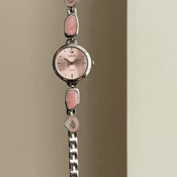 Delicate Round Pink Dial Silver-Tone Watch with Crystal Accent Bracelet and Quartz