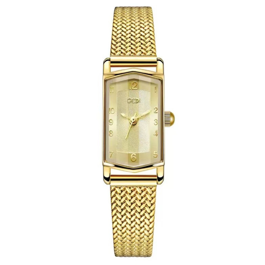 Gold Luxe: Gold Rectangular Dial Watch with Wheat Pattern Alloy Bracelet