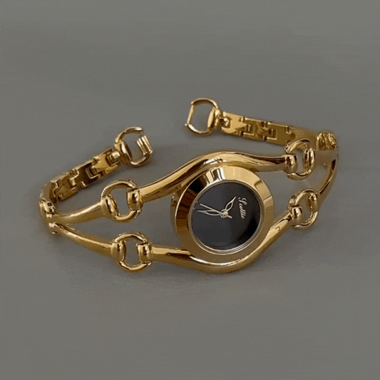 Equestrian Noir – Women’s Vintage Horsebit Watch with Black Round Dial