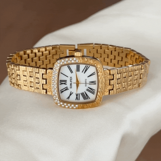 Daily Elegance White Rectangular Dial Gold Diamond Watch